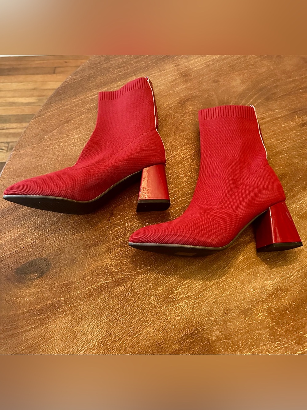 Red Knit Sock Booties with Block Heel